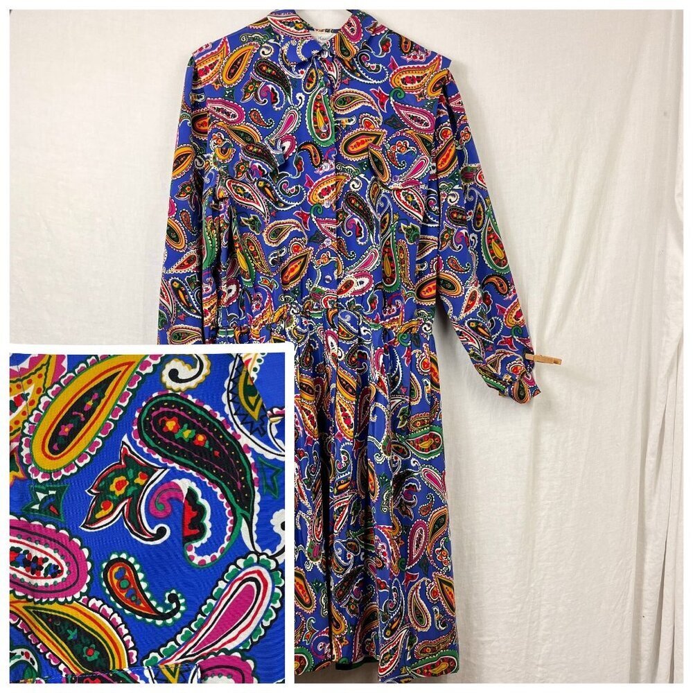 Vintage Schrader Long Sleeve Pleated Midi Dress Womens 14‎ Paisley Secretary 70s